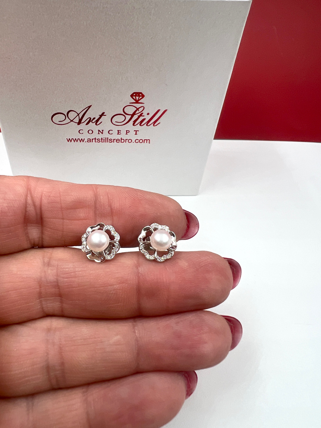 image03647 Srebrne minđuše sa biserom i cirkonima cvet 294 MC 217100 - Slika 1